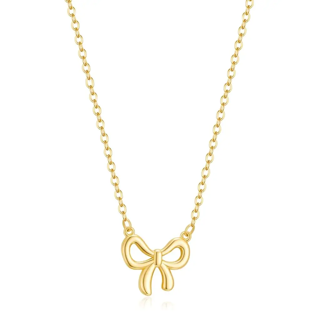 

Easter Basket Stuffers - Dainty Bow Necklace for Women 14K Gold Plated Cute Choker Small Pendant Charm Necklaces Teen Gift Tr