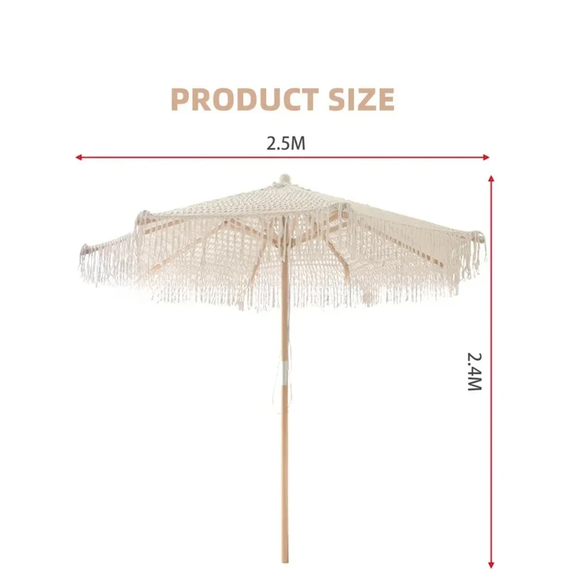 Bohemia Cotton Rope Parasols 2.5M Wooden Pole Handmade Tassels Woven Canopy BeachWith Macrame Fringe