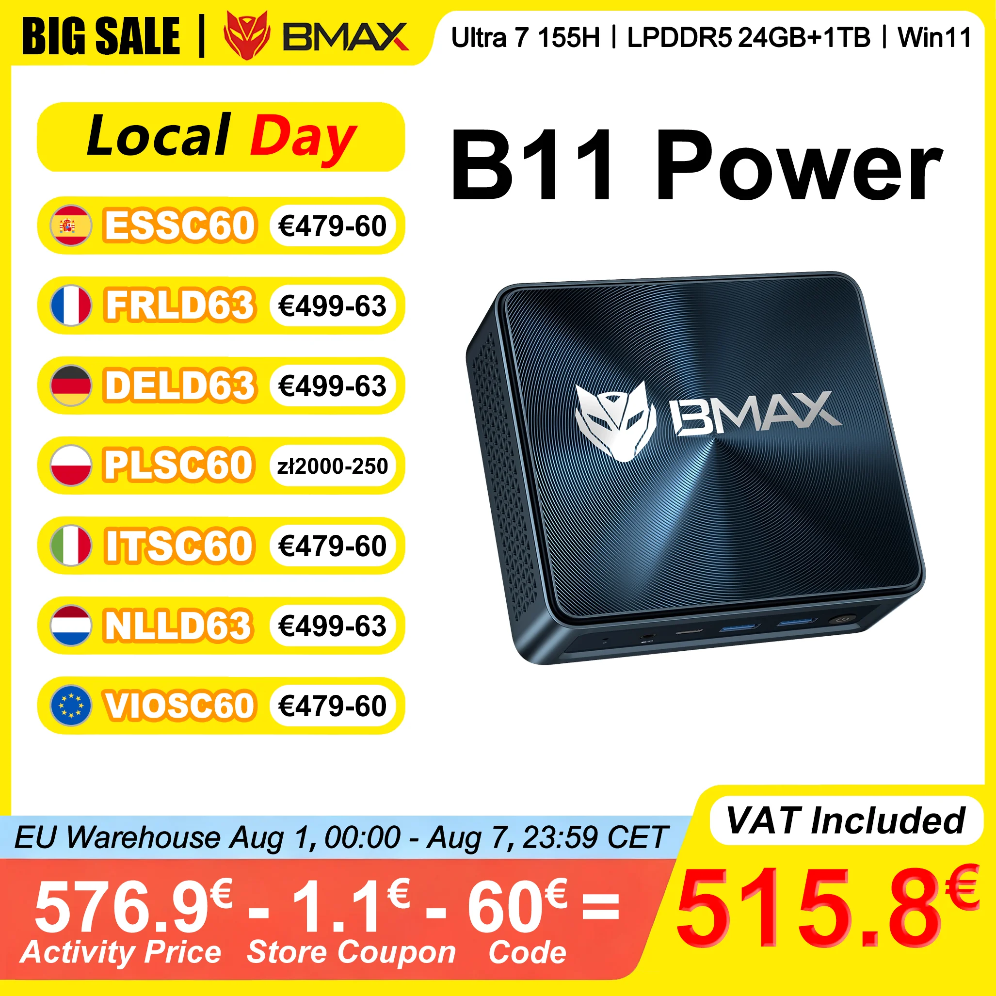 Mini PC Bmax B11 Power, Intel Core Ultra 7 155H, 24 Go de RAM LPDDR5 4400 MHz, 1 To de SSD, Windows 11 Pro, Wifi 6, Blu…