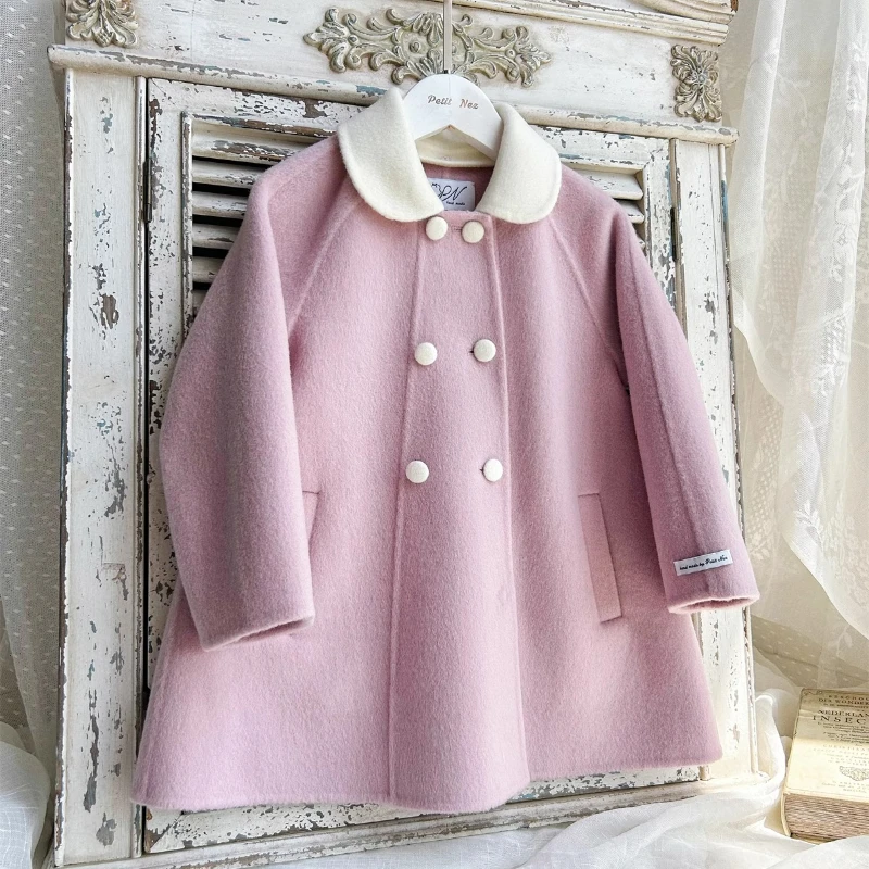 Ins Handmade Vintage 100% Wool Double-sided Cashmere Handmade Girls Coat Pink Two-wear Collar Kids Boutique Wool Jacket