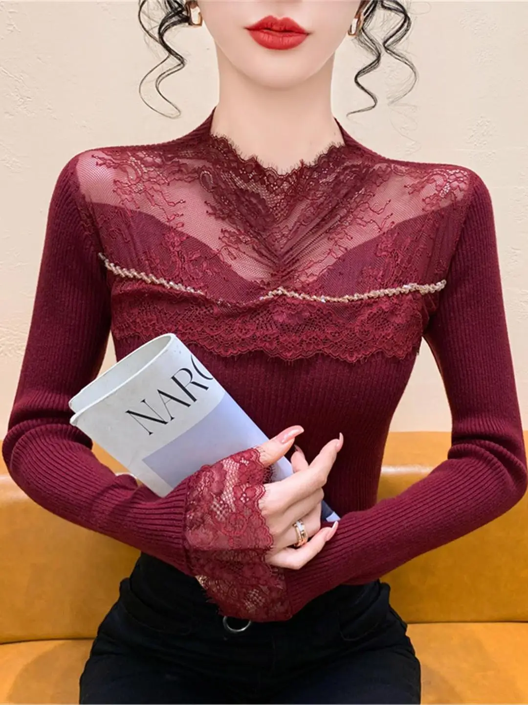 Damen f-High Collar Long Sve Gestrickte irt Diamant Stickerei Spitze Spleißen Slim Fit Basis irt Herbst Winter Schwere Arbeit