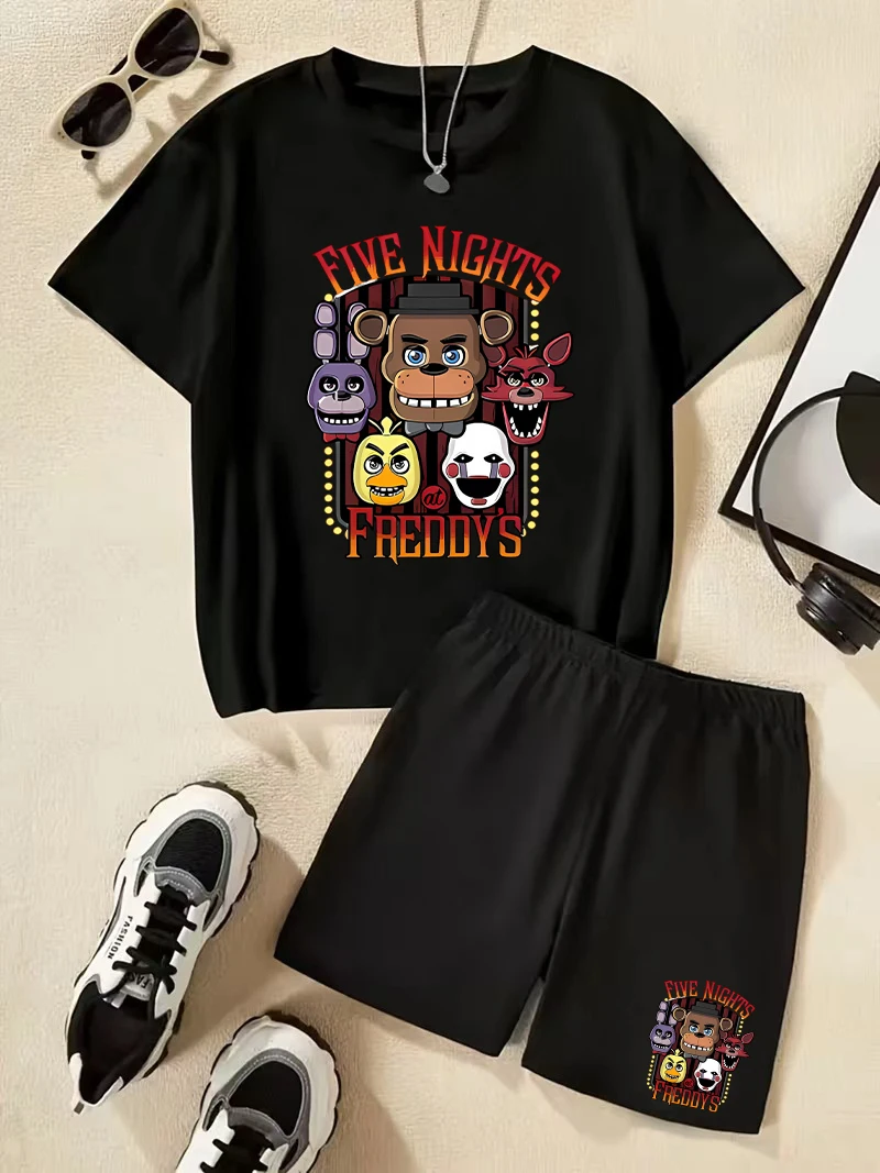 Conjunto de 2 piezas para niños Five Nights at Freddy's, camiseta y pantalones cortos con estampado de FNAF Freddy & Gang, conjunto informal de verano