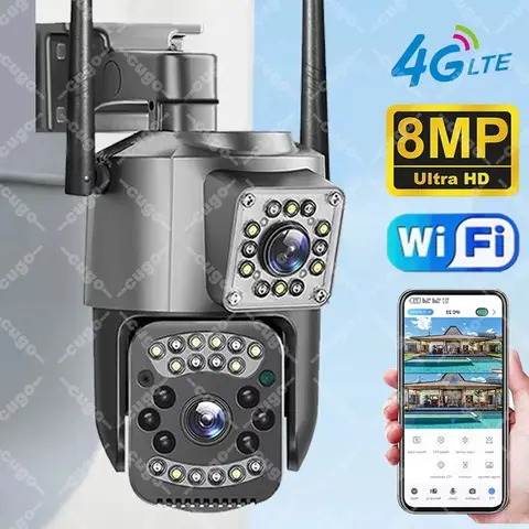 8MP 듀얼 렌즈 4G IP 카메라 WiFi 무선 풀컬러 야간 투시 카메라 8배 디지털 줌 CCTV 실외 감시 방수 카메라