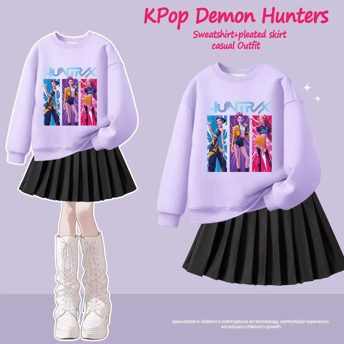 

Комплект одежды для девочек KPop Demon Hunters: свитшот с мультяшным принтом и плиссированная юбка, 2 предмета, повседневный наряд для подростков и детей на весну-осень