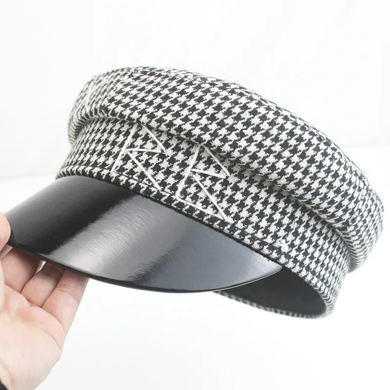 

Winter Hats For Women Fashion Houndstooth Sailor Hat Embroidery RB Military Hat Causal Travel Flat Top Cap Warm Student Navy Cap