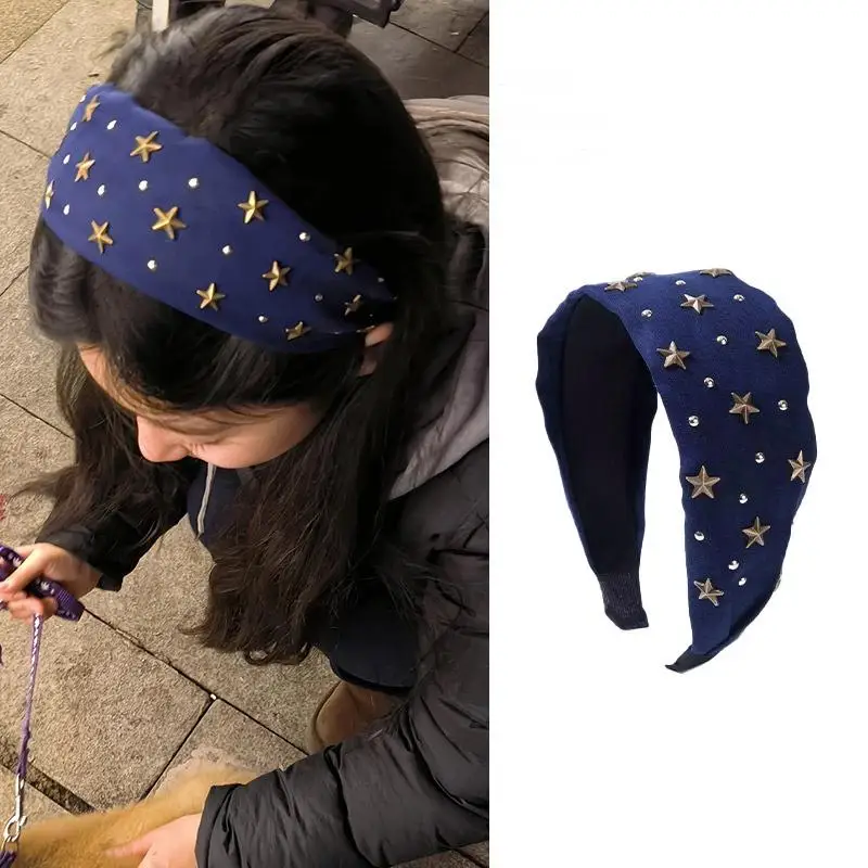 

Y2K Широкая повязка на голову со звездными заклепками, модная ретро повязка для волос, нишевые индивидуальные обручи для волос, аксессуар для волос