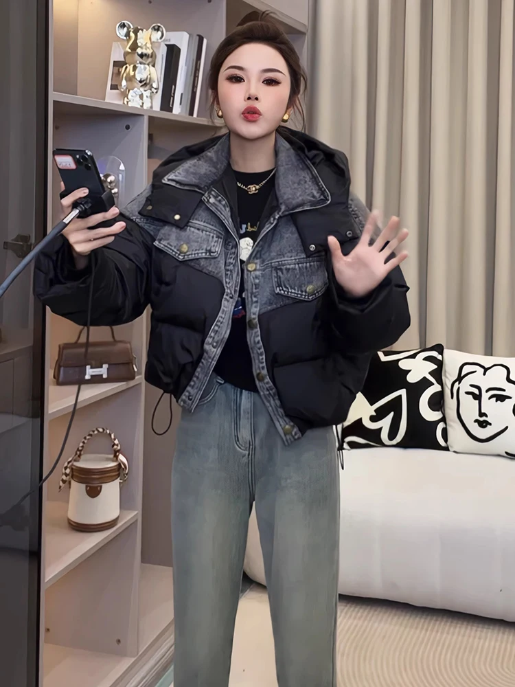 

Winter Thick Women's Short Down Cotton Jacket Fashion Cowboy Splicing Single Breasted Female Outdoor Leisure Warmth Coats