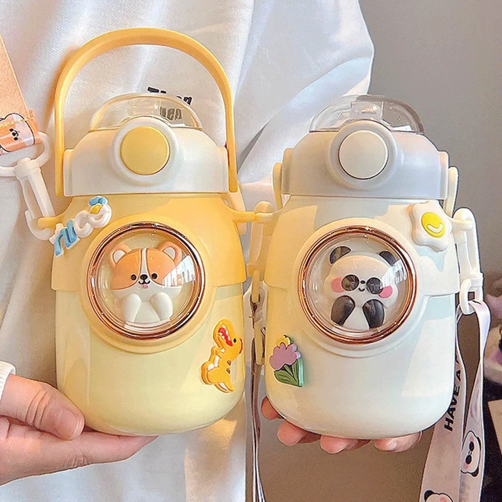 Nette Thermos Flasche Kinder Wasser Tasse Kawaii Mit Stroh 700 ml Edelstahl Große Kapazität Cartoon Mädchen Wasserkocher Student Tasse für Kinder