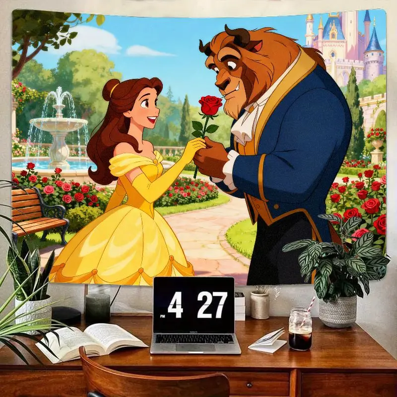 

1 шт. романтический гобелен из полиэстера «Красавица и чудовище» с розой, настенное искусство для гостиной, спальни, декор, подарок для фанатов