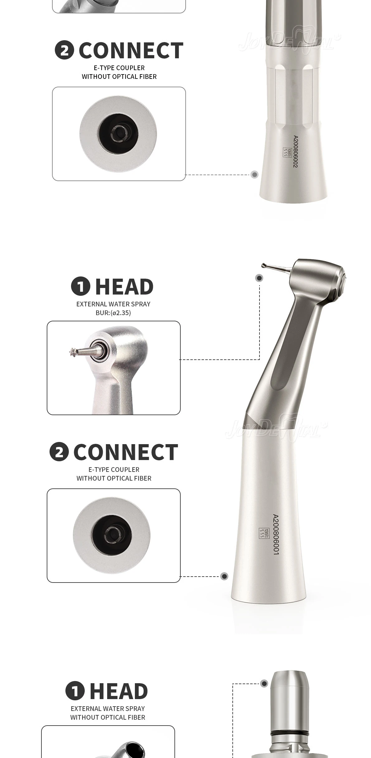 1 Stück JOY DENTAL Niedrigdrehzahl-Handstück 1:1 Winkelstück für ø2,35mm CA-Bohrer Druckknopf Gerader Nasenkegel Luftmotor 2/4 Löcher – Detail 7