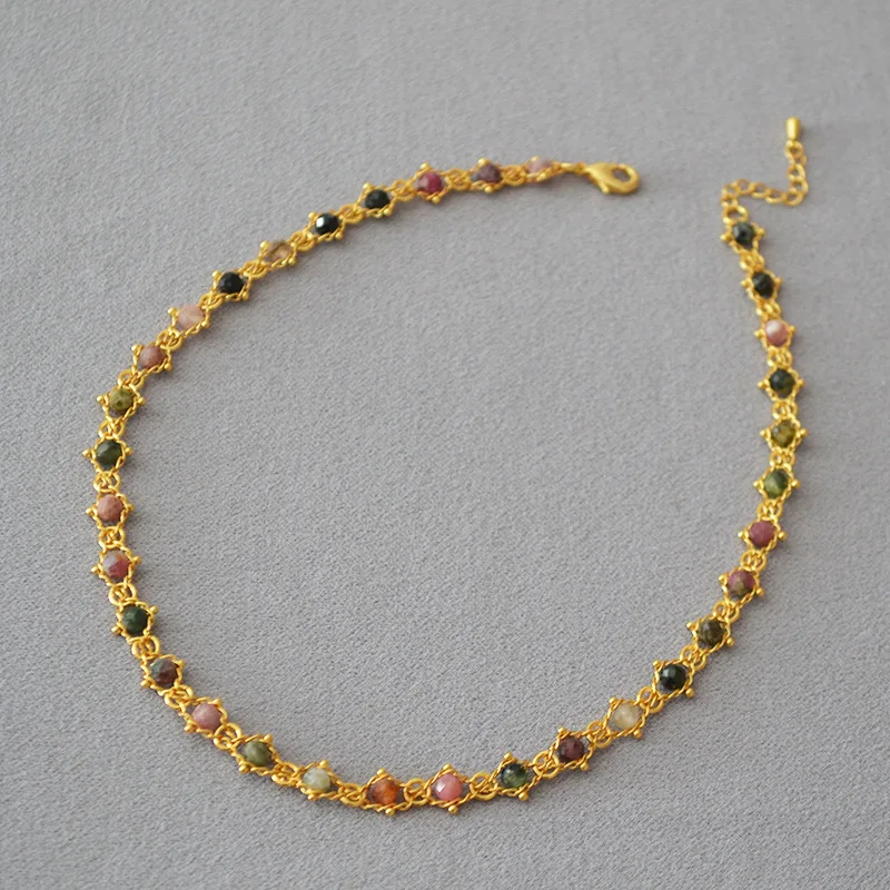

French Niche Colorful Tourmaline Genuine Stone Beaded Chain Woven Brass Gold-Plated Simple Artistic Temperament Necklace