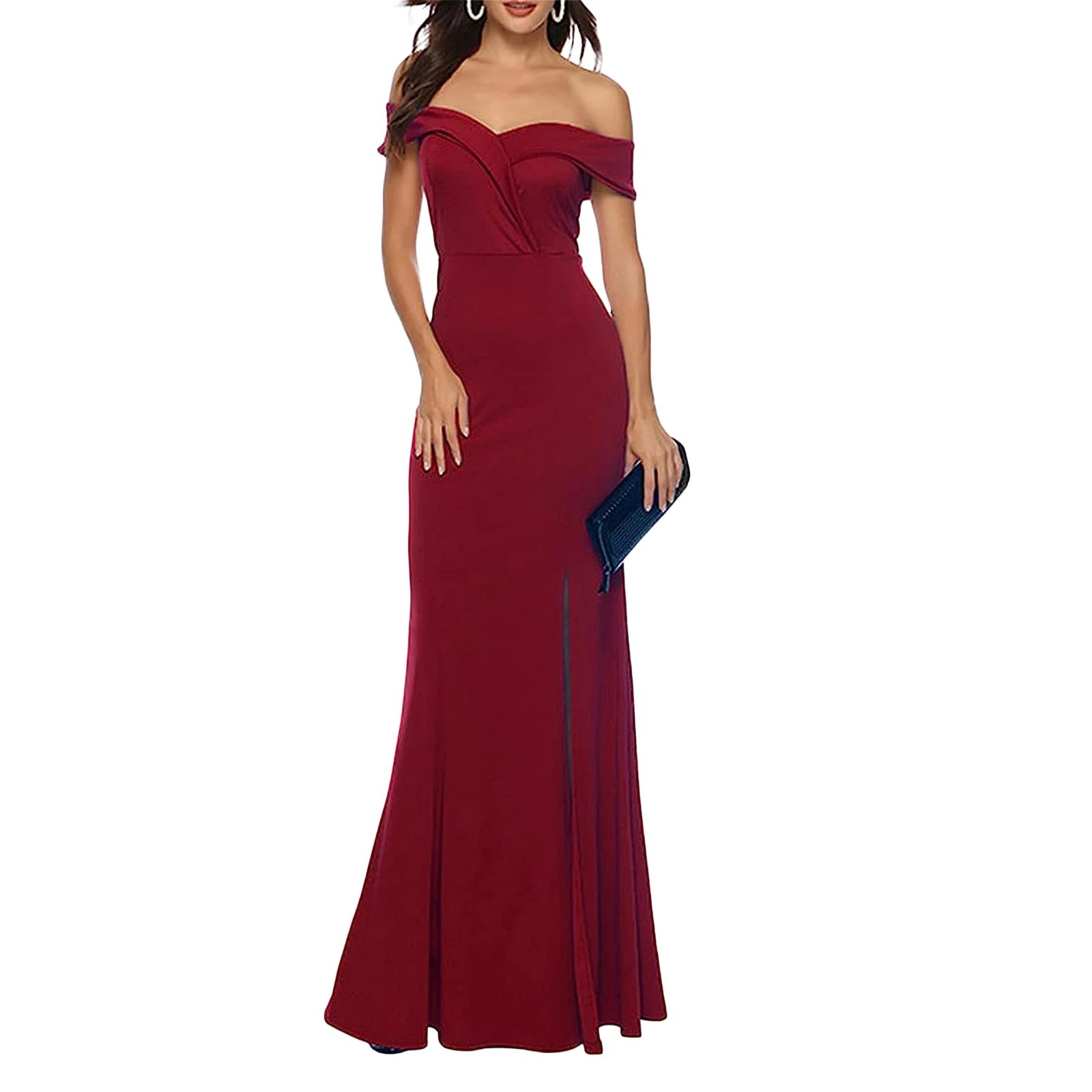 Vestido de fiesta de noche ajustado para mujer, vestido largo elegante con dobladillo de sirena, abertura alta, hombros descubiertos, Color sólido, Verano