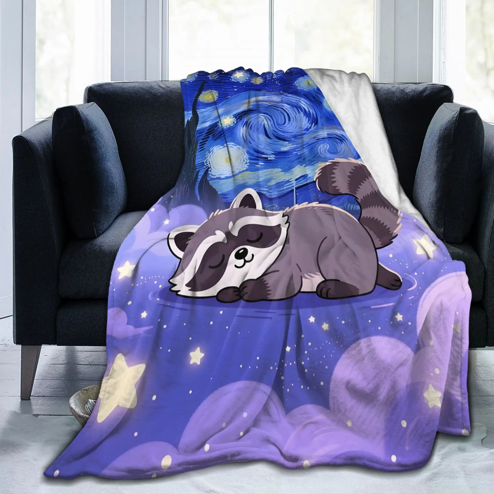 Custom Raccoon Cartoon Blanket Warm Fleece Soft Flannel Van Gogh Starry Night Throw Blankets for Bed Sofa Office Spring