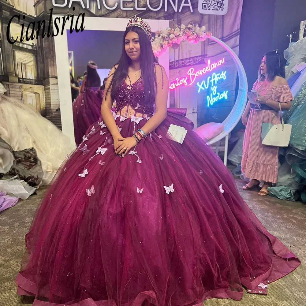 Vestidos de quinceañera sin hombros color burdeos, vestido de baile de cumpleaños, con cordones brillantes, 15 y 16 vestidos de gala