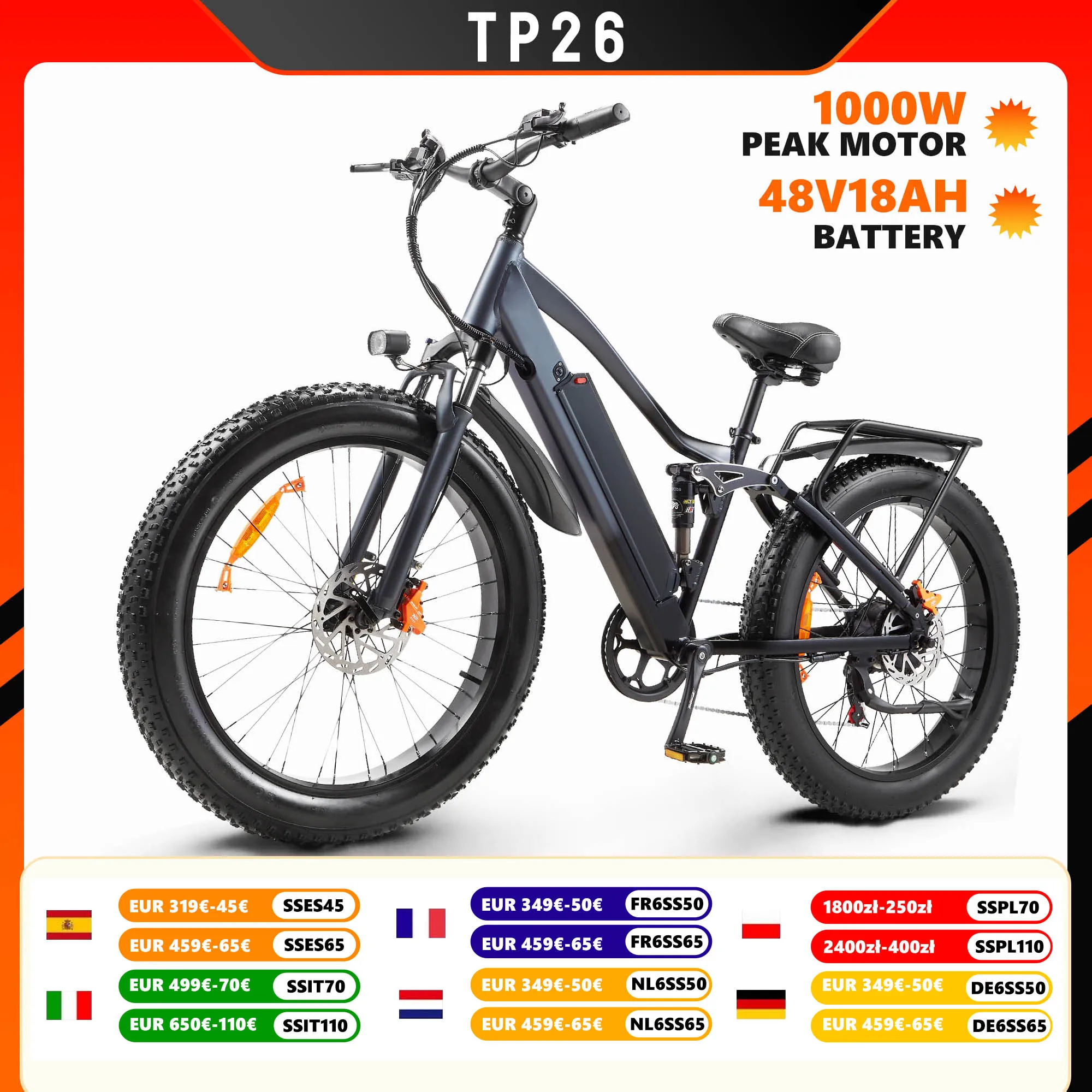 Vélo électrique CMACEWHEEL TP26, batterie 48V17AH, vélo de montagne électrique, pneus larges, freins hydrauliques, amortisseurs complets, vélo de ville électrique