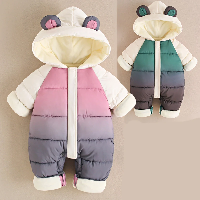 

Толстые сохраняющие тепло комбинезоны для маленьких мальчиков с милыми ушками, красочные бархатные комбинезоны на флисовой подкладке для детей, детское боди
