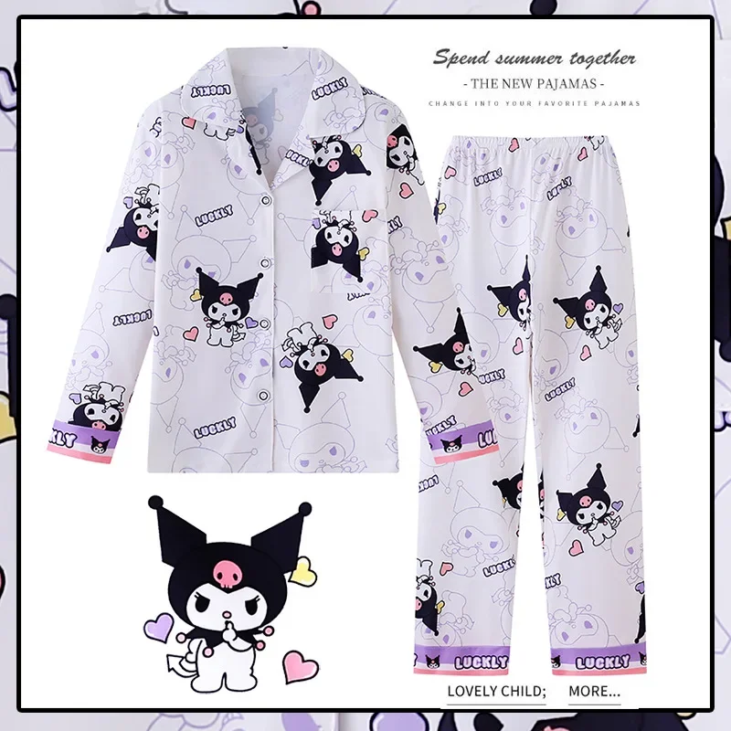 

2pcs Sanrio Kuromi Pattern Kid's Pajamas, Long Sleeve Top & Pants Set, Anime Girls Sleepwear Autumn Children Homewear Clothes