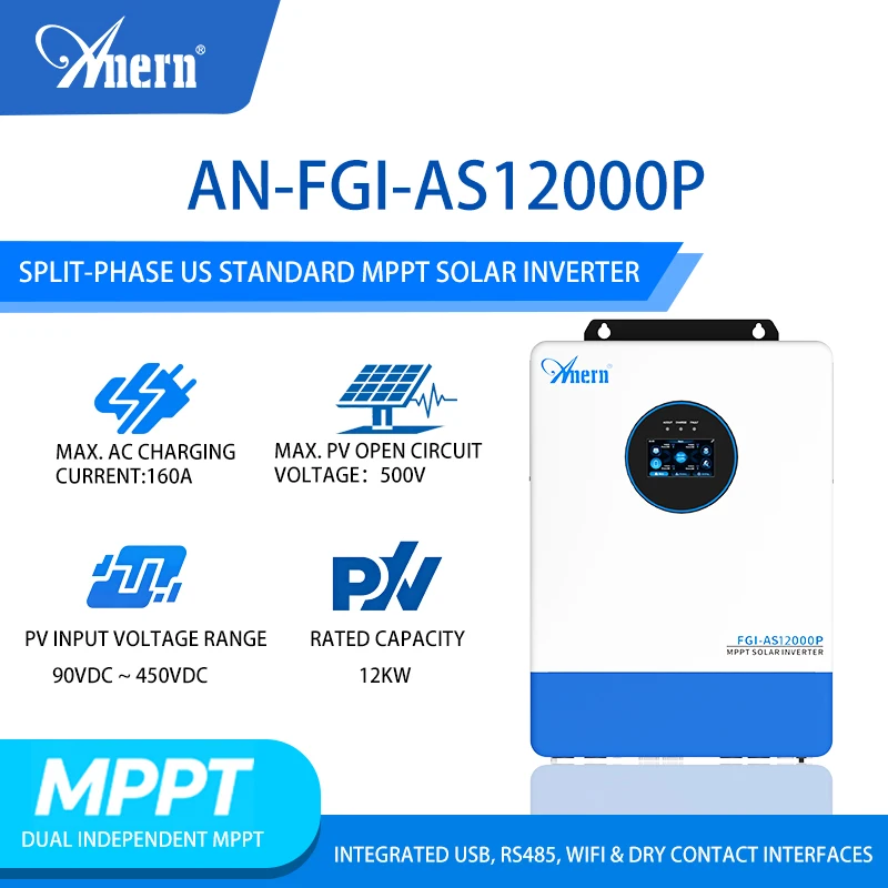 7.2KW 10KW 12KW Hybrid Solar Inverter 48VDC to 120V/240VAC Split Phase Inverter with MPPT 150A