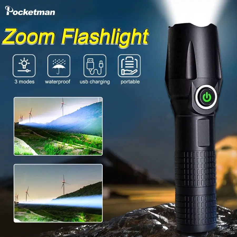 

Powerful LED Flashlight Long Range Zoom Rechargeable Flashlights Outdoor Portable Emergency Light Torch for Camping Fishing