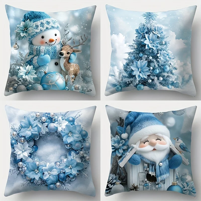 4pcs, Christmas, Santa Claus, Christmas tree, flower wreath, snowflake and other patterned pillowcases. Waist circumference