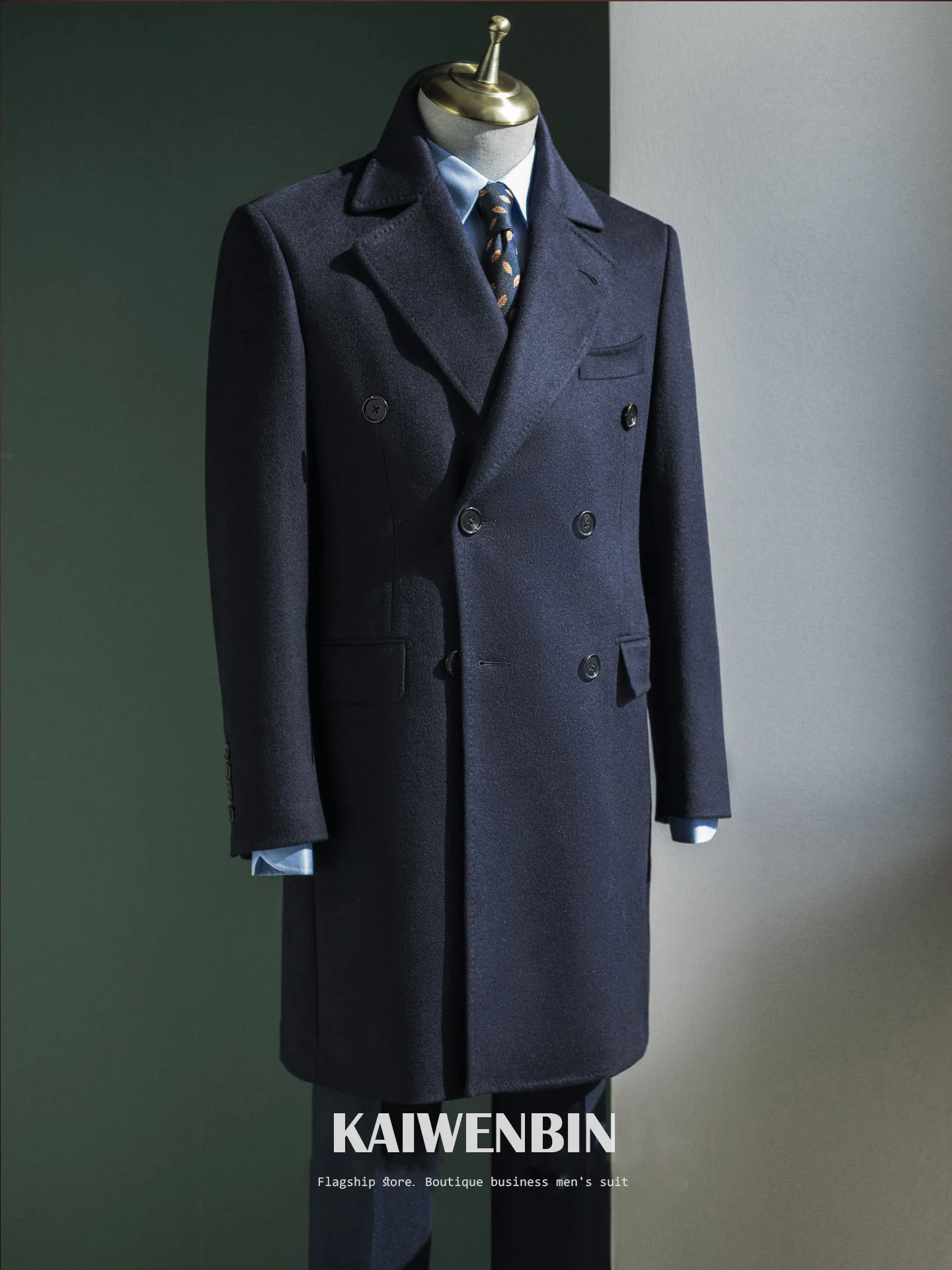 Men's Overcoat Warm Thick 100% Wool Double Breasted Navy Blue Slim Fit Luxury Business Long Coat Custom
