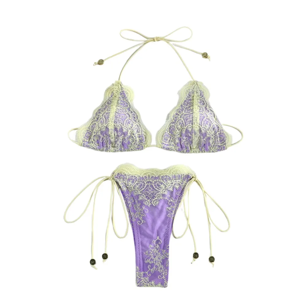 

2Pcs/Set Fashion Summer Lace Bikini Set Bandage Hollow Women Swimsuit Patchwork Casual Bathing Suit Vacation