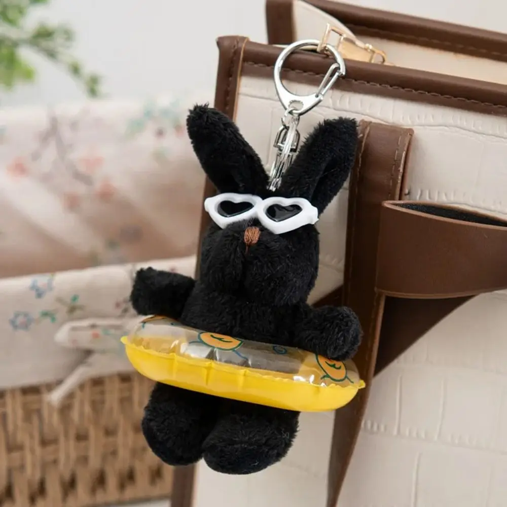 Love Sunglasses Cartoon Rabbit Key Chain Cartoon Swimming Ring Plush Bunny Pendant Toys Plush Stuffed Doll Keychain