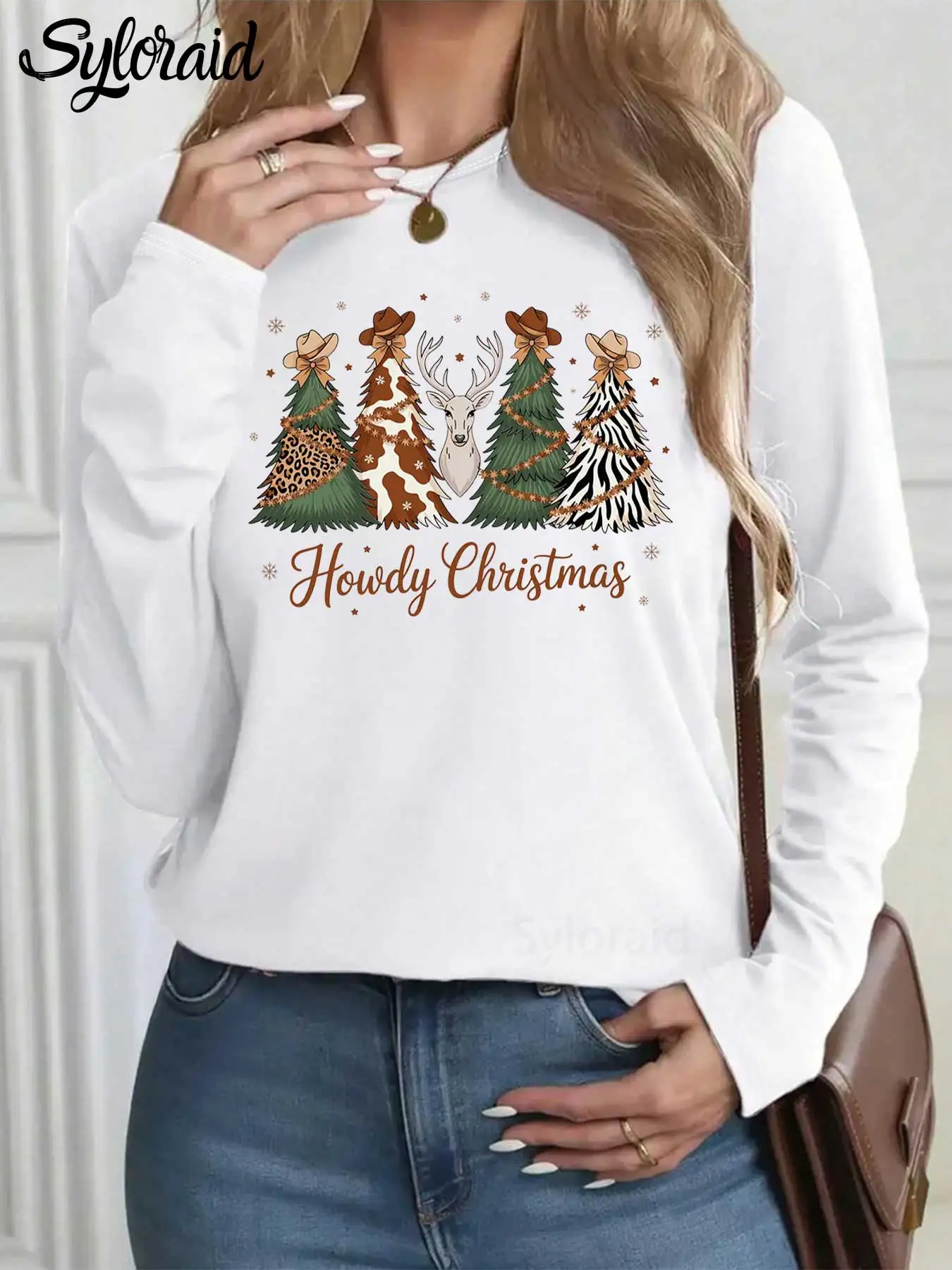 تي شيرت نسائي بأكمام طويلة تي شيرت Howdy Christmas Graphic تي شيرت هدية عيد الميلاد أنيق برقبة دائرية كاجوال #1