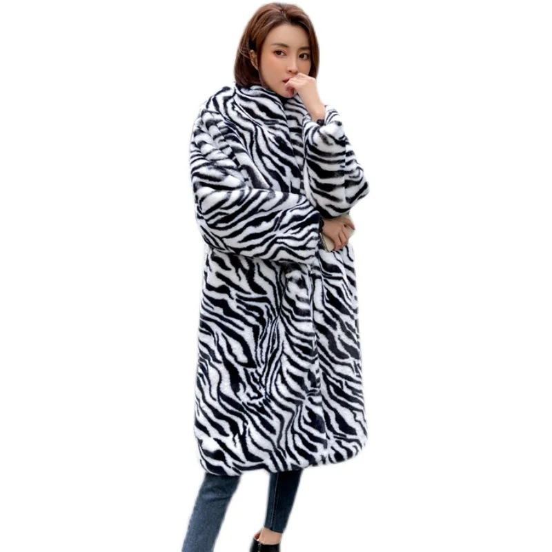 Pelúcia casaco com padrão zebra para o outono e inverno, nova moda, pele de coelho, cabelo de coelho, 2024