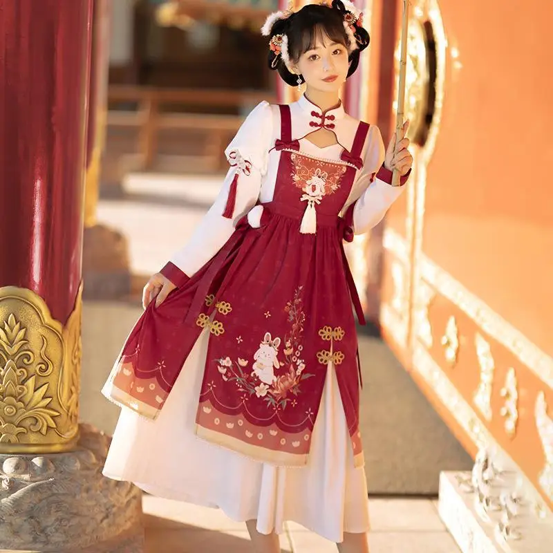 Lolita Women One Piece Dresses Hanfu Girls Chinese Kawaii Princess Sweet Red Dress Winter Harajuku Cute Cosplay Costume Dress