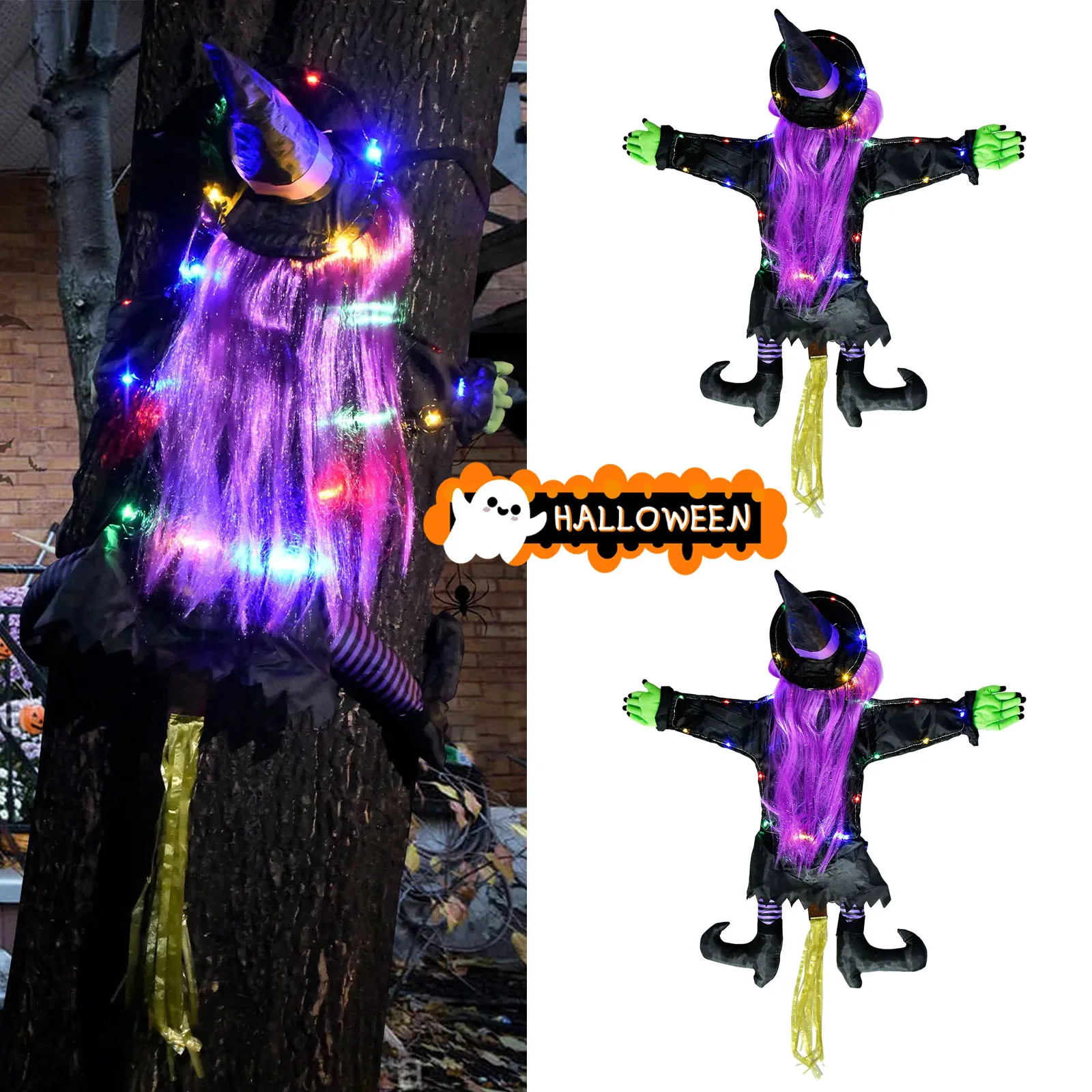 LED Witch Crashing Into Tree Halloween Decor Light-Up Hanging Witch Prop for Indoor/Outdoor Displays