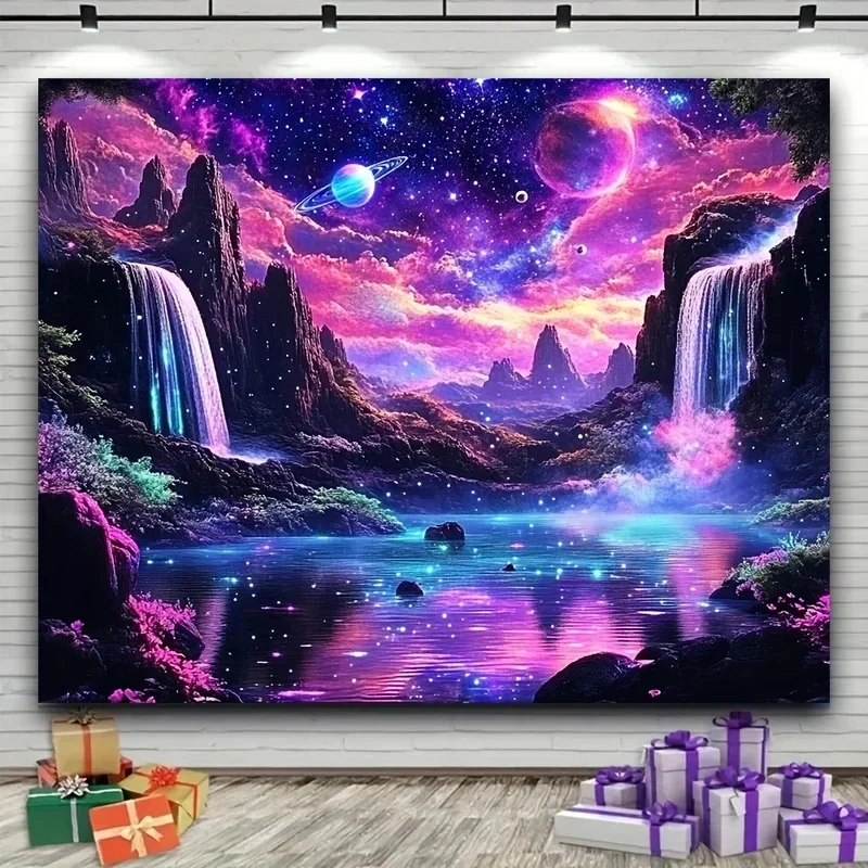 VIKAMA Starry Space Tapestry Psychedelic Galaxy Planet Waterfall Lake Mountain Scenery Wall Hanging Home Wall Decoration