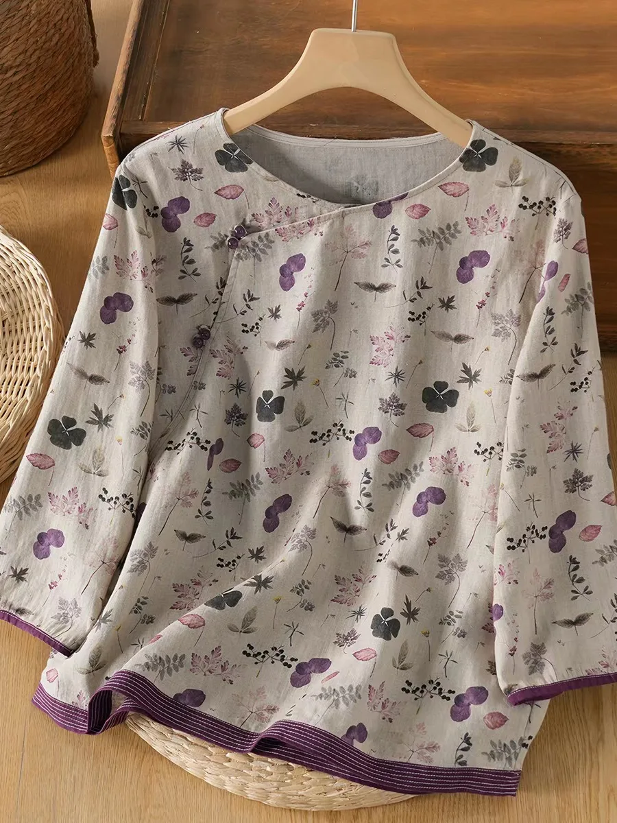 

New Summer Color Woven Linen Printed Half Sleeve Shirt Women's National Style Oblique Button round Neck Cotton Linen Top