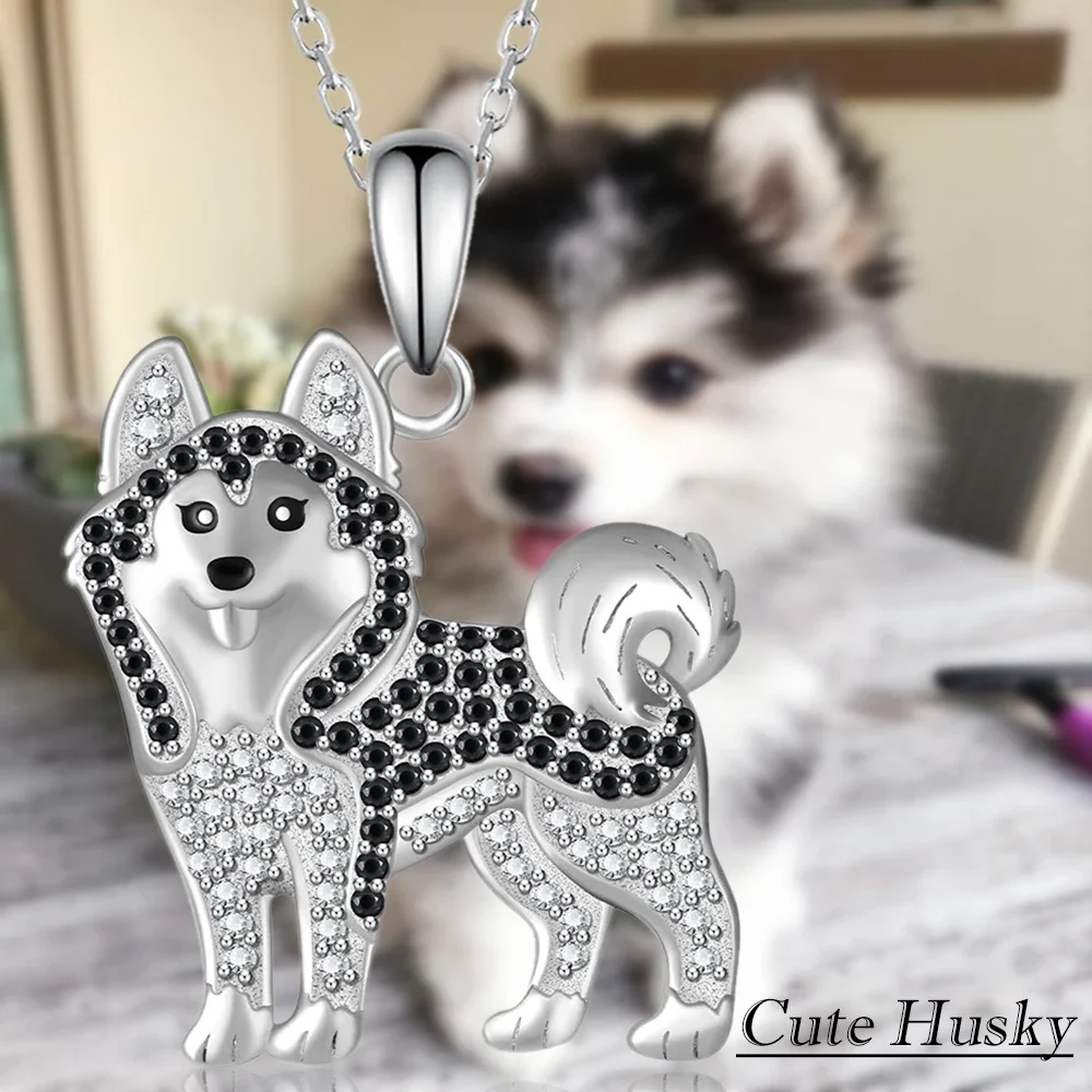 Cute Cartoon Black-White Rhinestone Husky Pendant Necklace for Women Fashion Pet Puppy Dog Animal Jewelry Gift for Dog Lovers