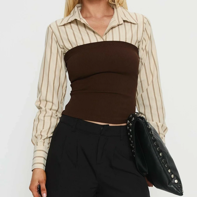 

Combhasaki Women's Spring Autumn Striped Patchwork Fake-two-Pieces Tops Long Sleeve Button Turn Down Collar Casual Bustier Shirt