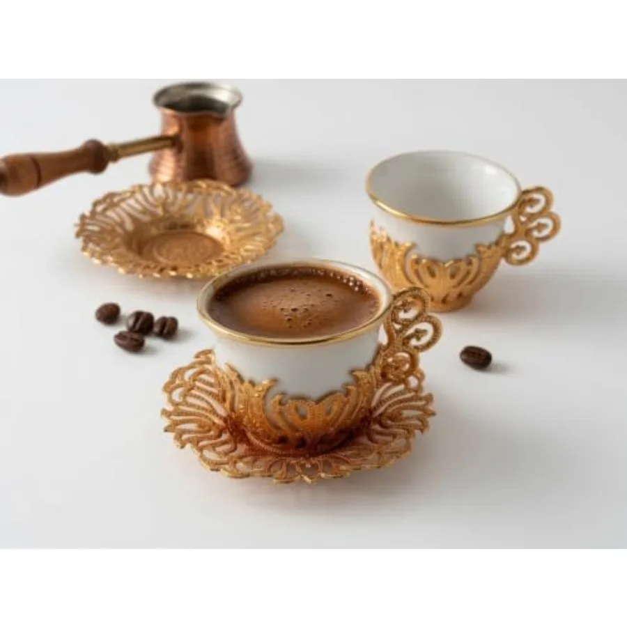 Turkish Coffee Cup Set for Home Use White Porcelain and Zinc Metal with Turkish Motifs Gold Trim 6 Cups and Saucers view 4