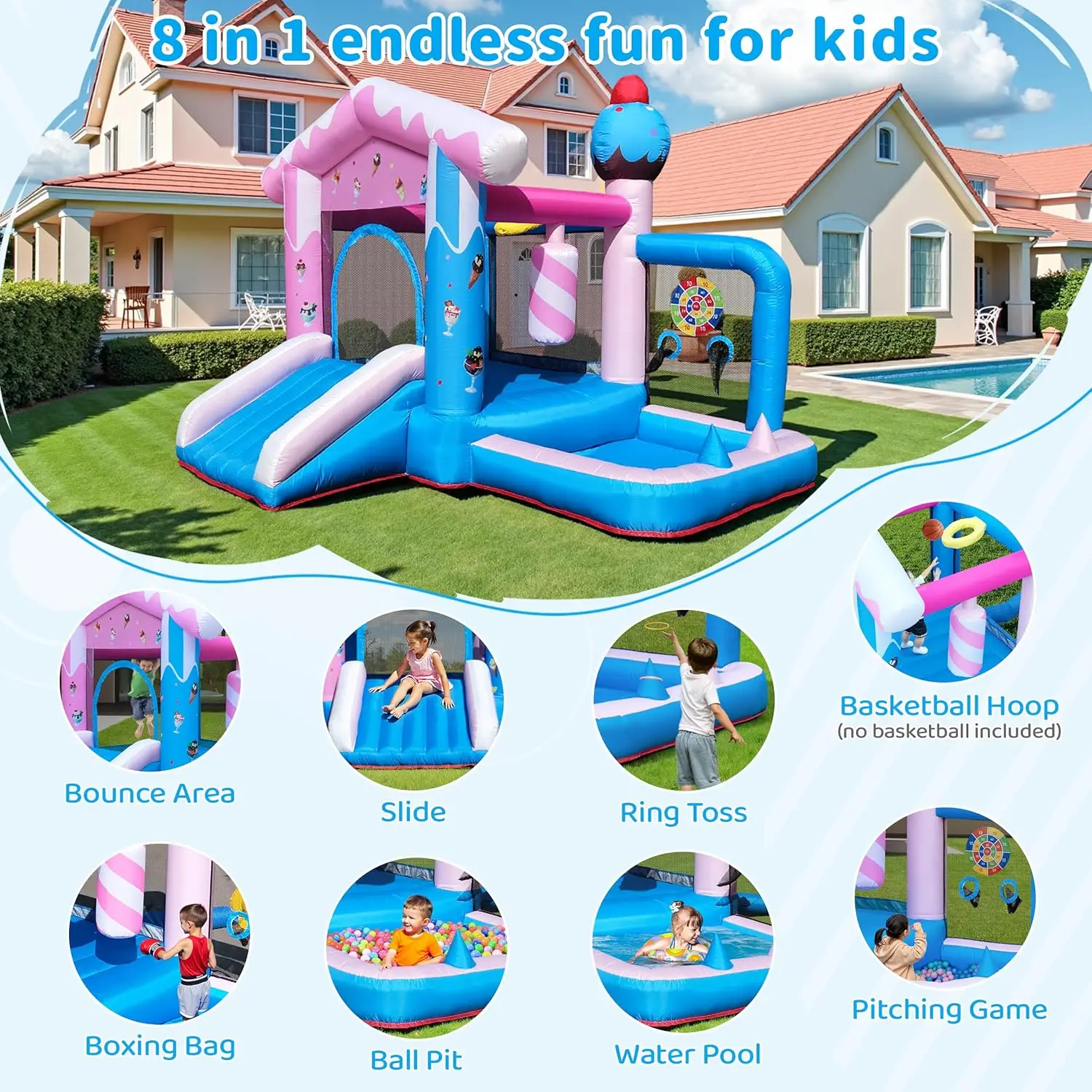 Casa de rebote inflable: casa de rebote 8 en 1 para niños de 3 a 6 años, tobogán de castillo de salto inflable para interiores y exteriores con soplador para B