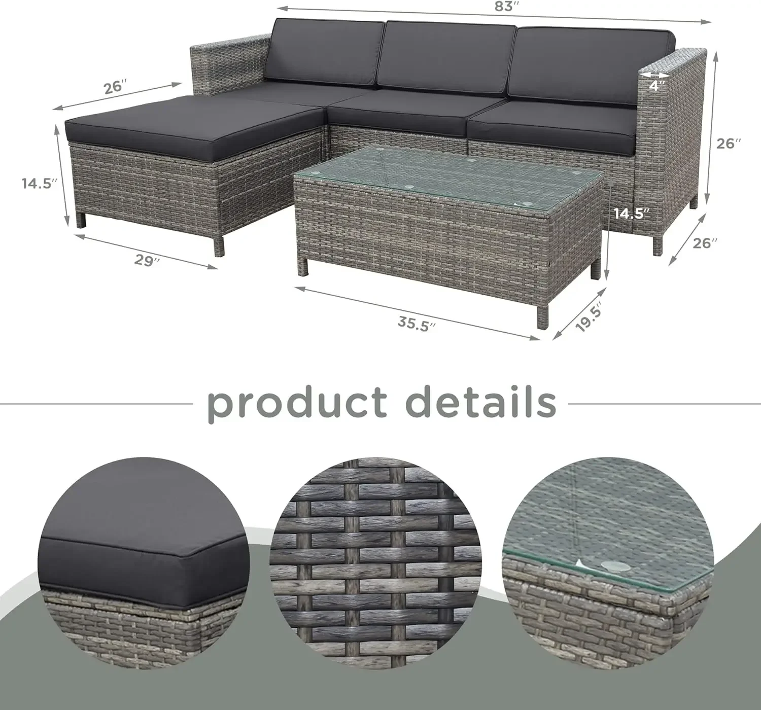 SUNVIVI OUTDOOR 5 Pieces Patio Furniture Sets All Weather Outdoor Sectional Sofa Manual Weaving Wicker Rattan Outdoor Conver