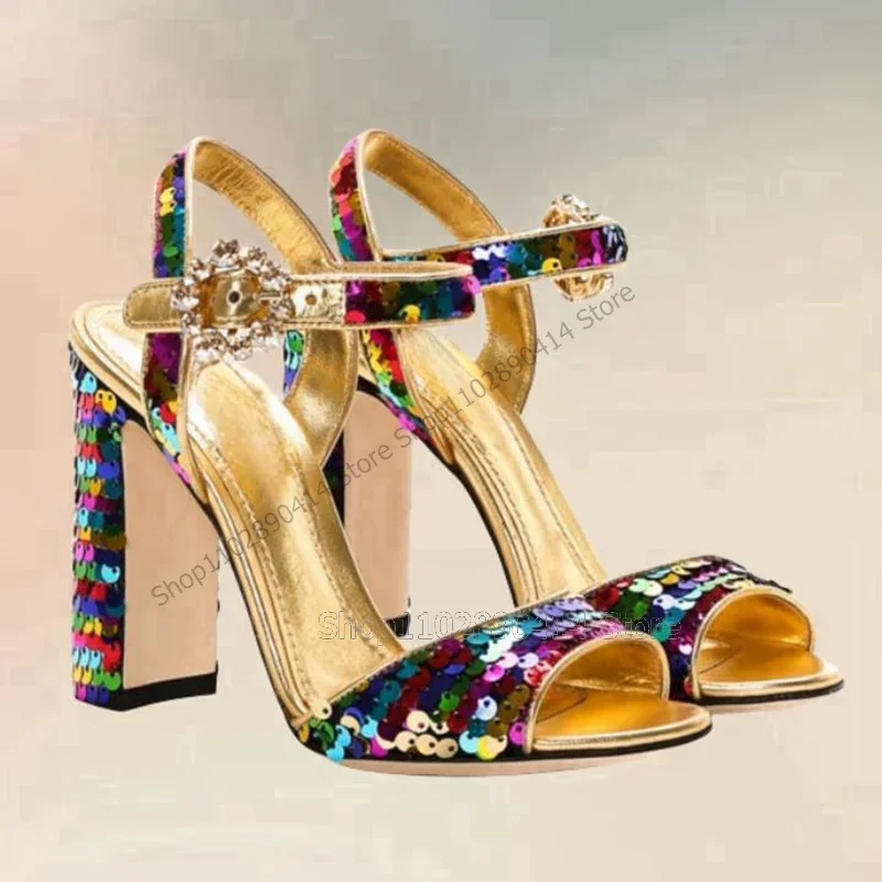 

Colorful Sequins Decor Open Toe Sandals Ankle Buckle Strap Women Shoes Chunky High Heels Novel Fashion 2023 Zapatos Para Mujere