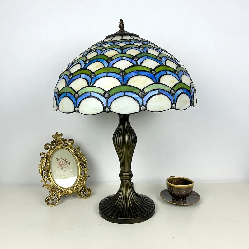 LongHuiJing 16 Inch Mediterranean Style Stained Glass Table Lamp Bedroom Retro Living Room Decorative Bedside Table Lamp