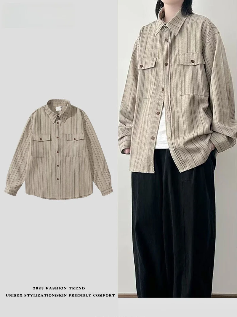 

Свободная рубашка с длинным рукавом в полоску, универсальная повседневная модель для весны и осени, городской стиль, из полиэфирного волокна, без бренда, молодежная.