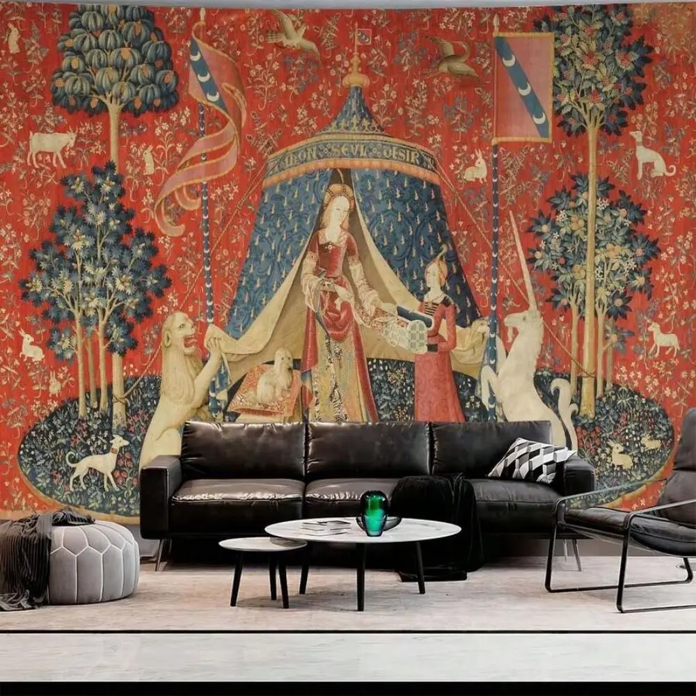 VIKAMA Mittelalterliche Dame und Einhorn Wandteppich Französischer Vintage Hofjagd-Wandbehang für Wohnzimmer, Arbeitszimmer und Homestay-Dekoration