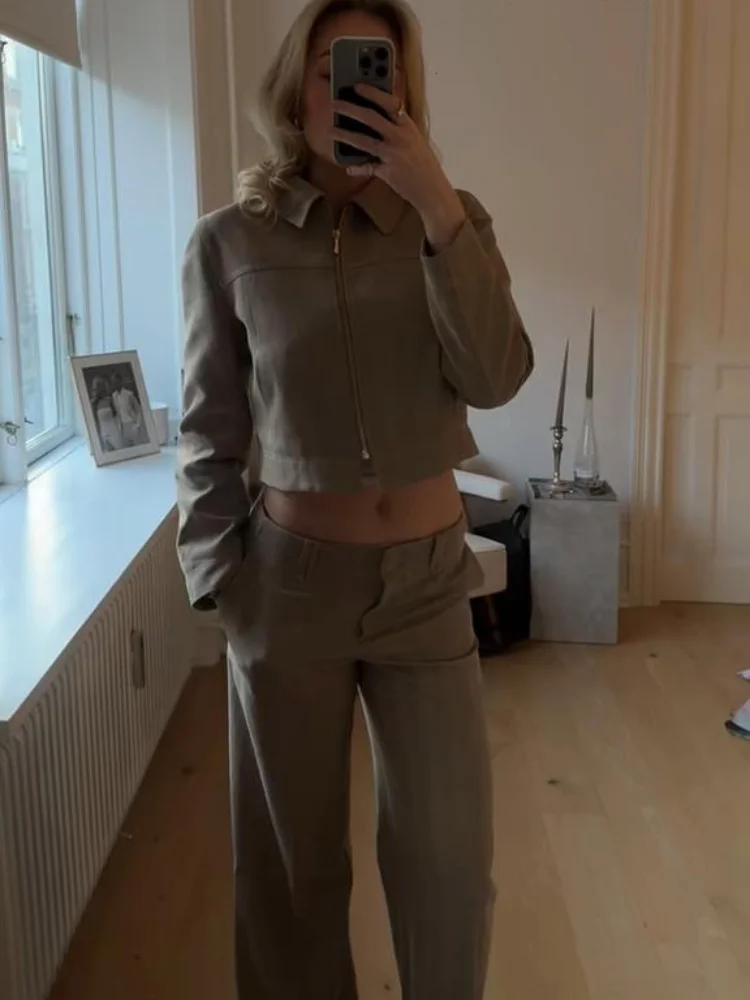 

Элегантный женский костюм-двойка из токарного твила с отложным воротником и длинными рукавами на молнии, топ, прямые брюки, весенний комплект для поездок на работу 2023 г.