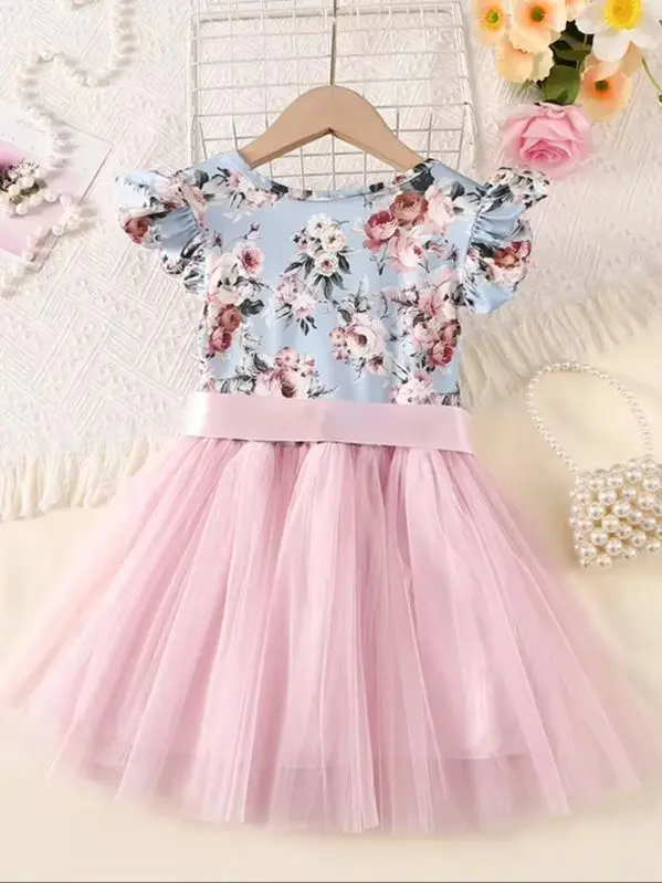 Girls Floral Print Tutu Dress Pink Big Bow Sleeveless Princess Party Dresses Kids Wedding Birthday Pageant Ball Gown Children Fo