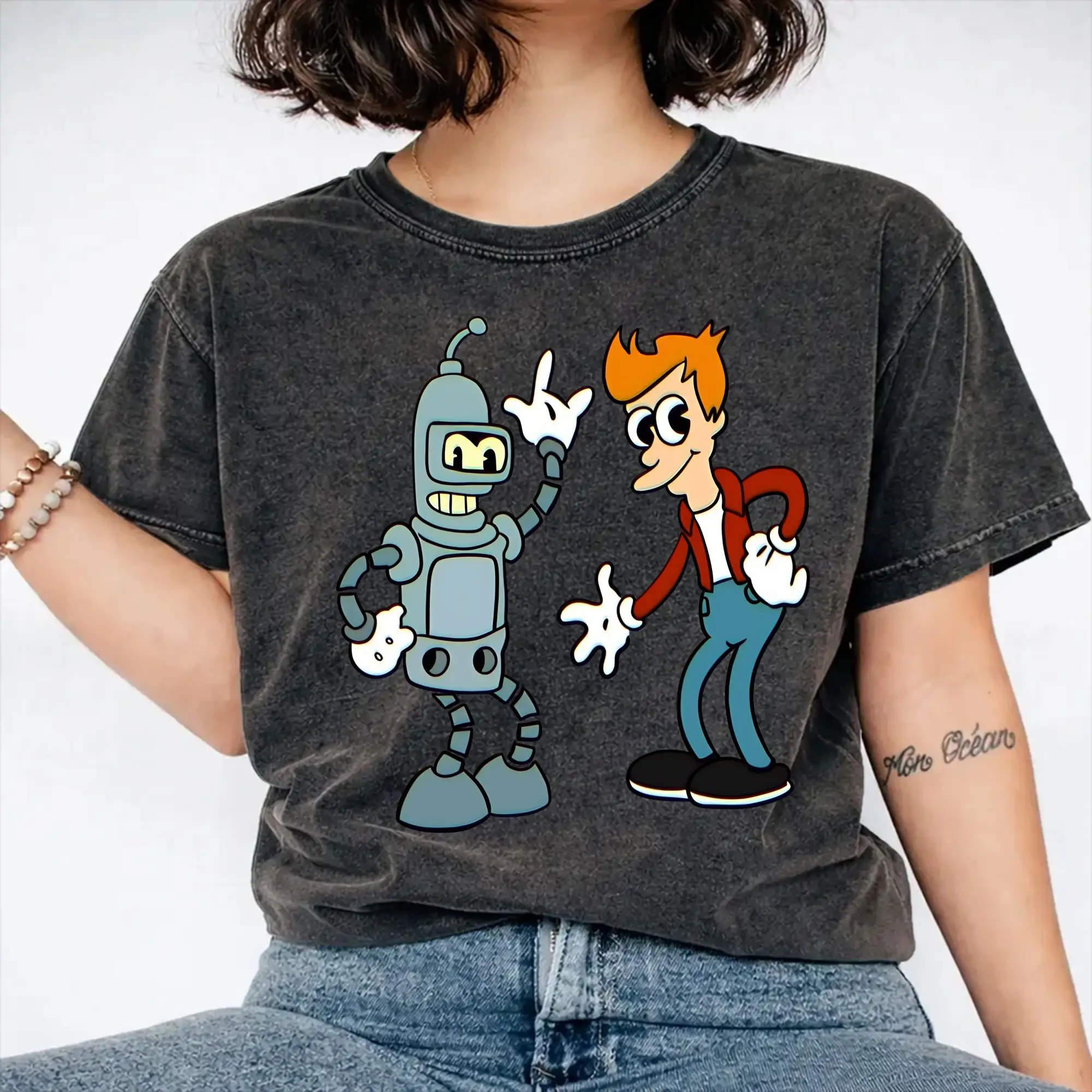 Futuramas Benders AND FRY  Washed T Shirts Streetwear Hip Hop Cool T-Shirt  Tees Men Women Short Sleeve Harajuku