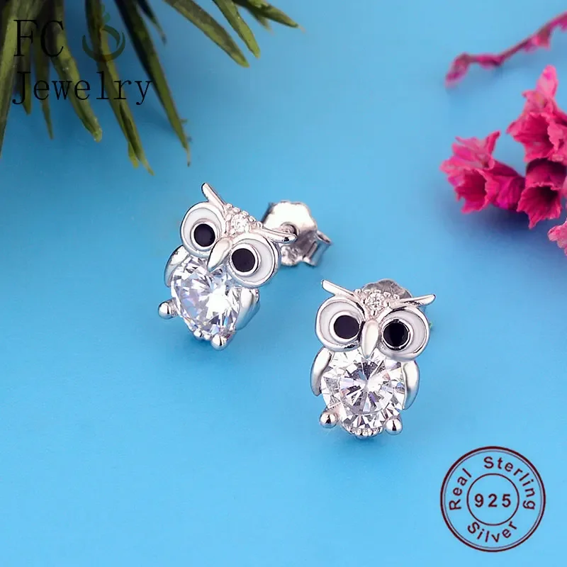 FC Jewelry 100% 925 Silver Owl Zirconia Enamel Black Eye Stud Earring For Women Piercing Pendientes Brinco Boucle D'oreille 2020 — zdjęcie 2
