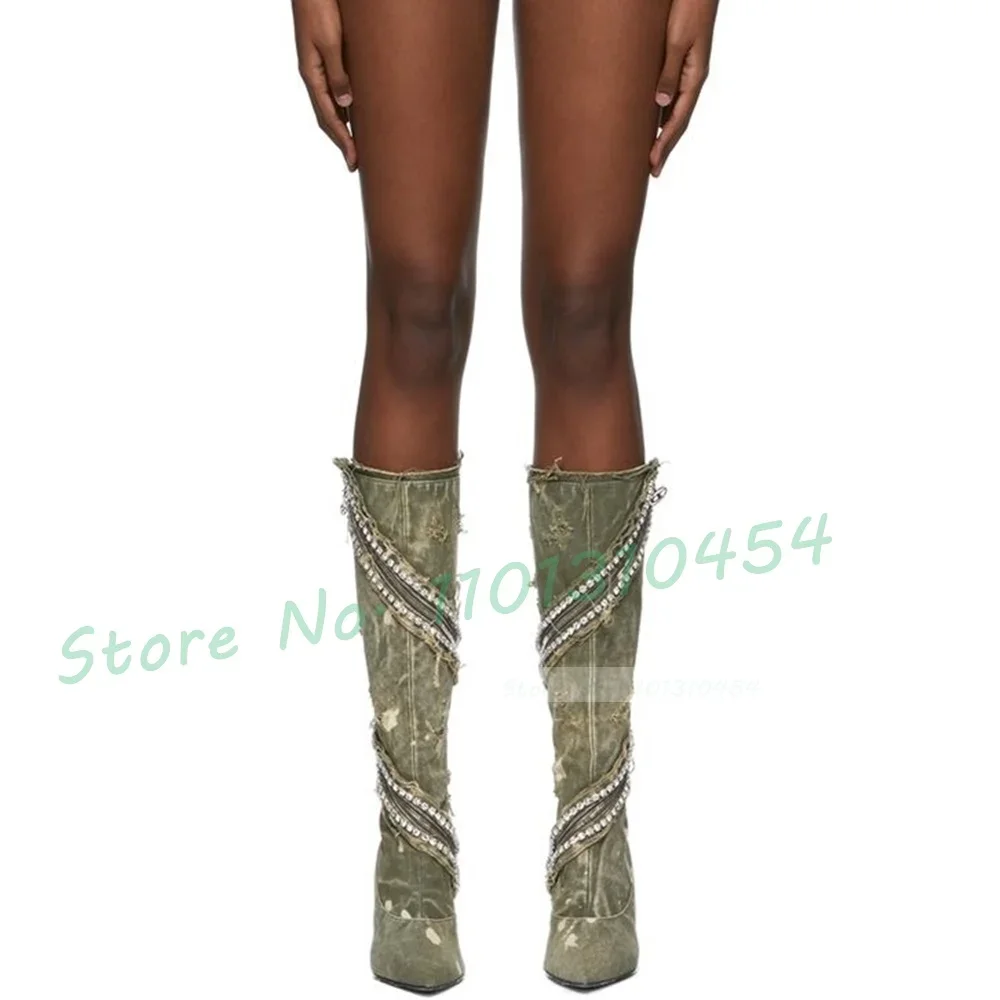 Crystal Zip Wrap Denim High Boots For Women Pointy Diagonal Zip Patchwork High Heels Shoes Ladies New In Luxury All-match Boots