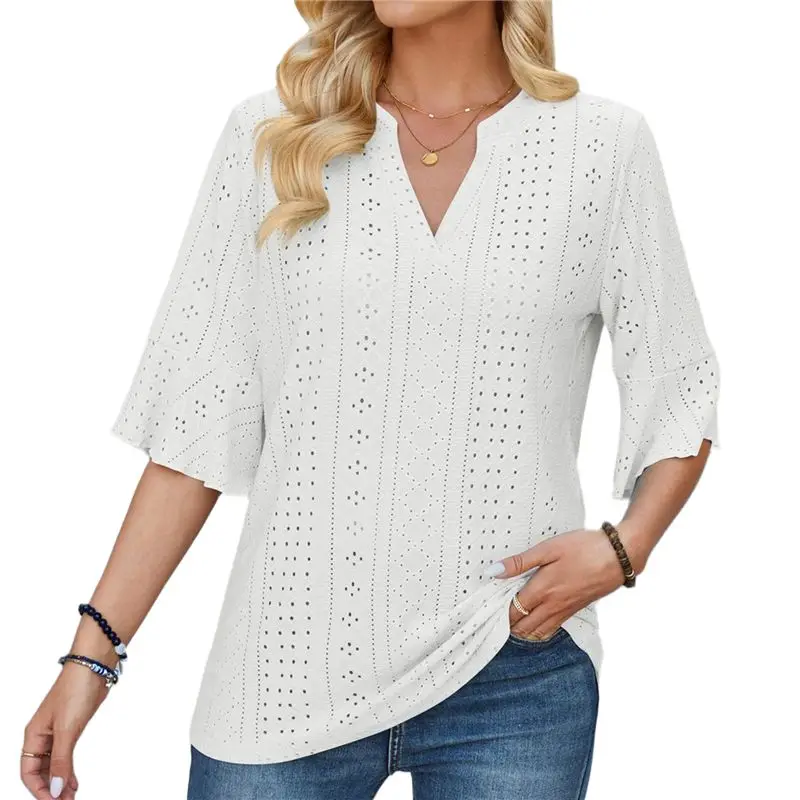 CYL-Plus-Size-Tops-For-Dames Chic V-hals 3/4 Lengte T-shirts met ruches aan de mouwen Trendy Casual losse blouses