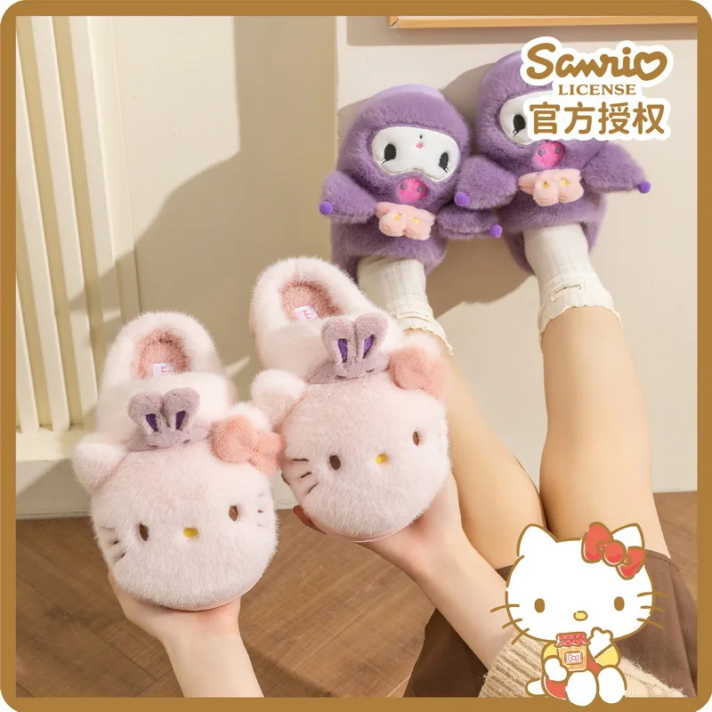 

Sanrio Kuromi Cartoon Hello Kitty Plush Slippers Floor Slippers Warm Winter Indoor Slipper Flat Casual Non-slip Girl Home Shoes