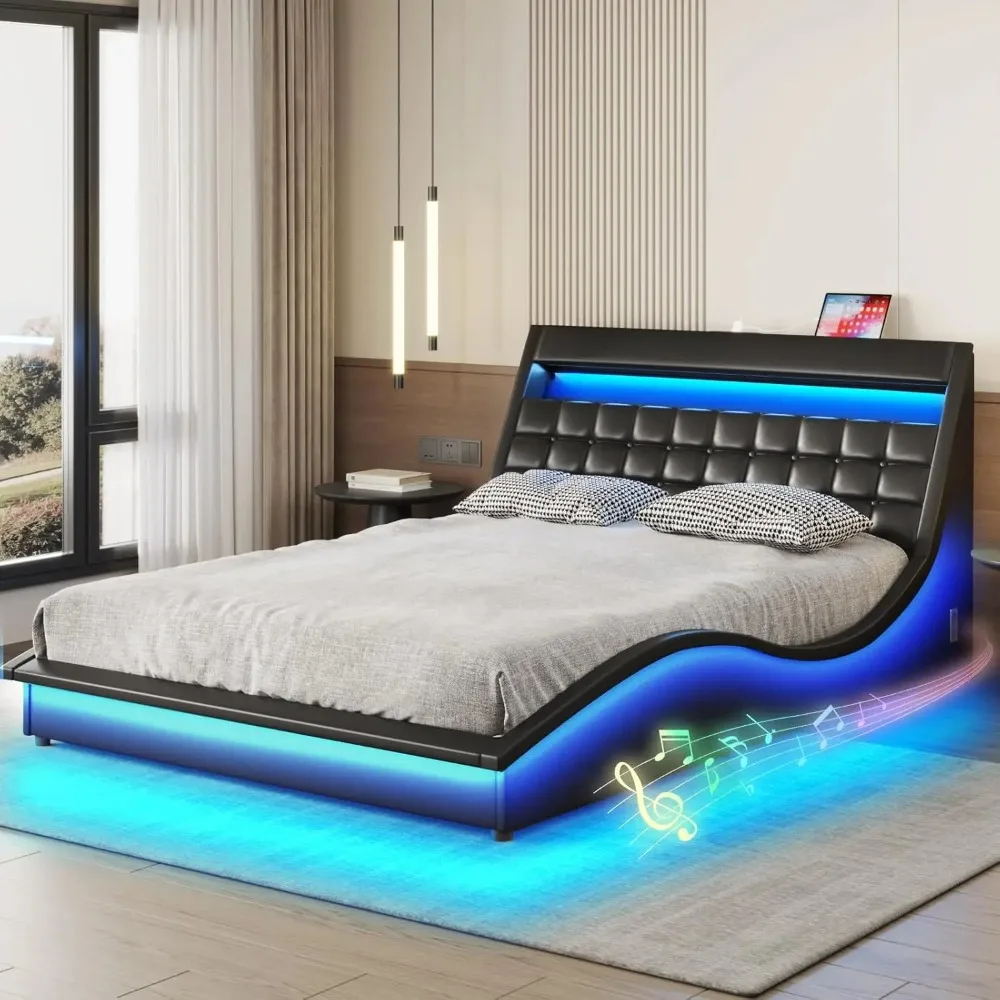

Full Size Bed Frame with Wave-Like Curve Design PU Leather Upholstered Platform Bed Frame w Charging Station&LED Lights